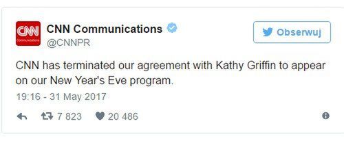 CNN zwolniło Kathy Griffin w świetle skandalu z głową Donalda Trumpa na jej zdjęciu