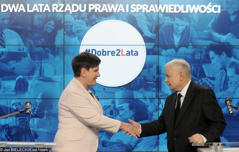 Wspolna konferencja Premier Beaty Szydlo i Jaroslawa Kaczynskiego na 2 lecie powstania rzadu PiS.
