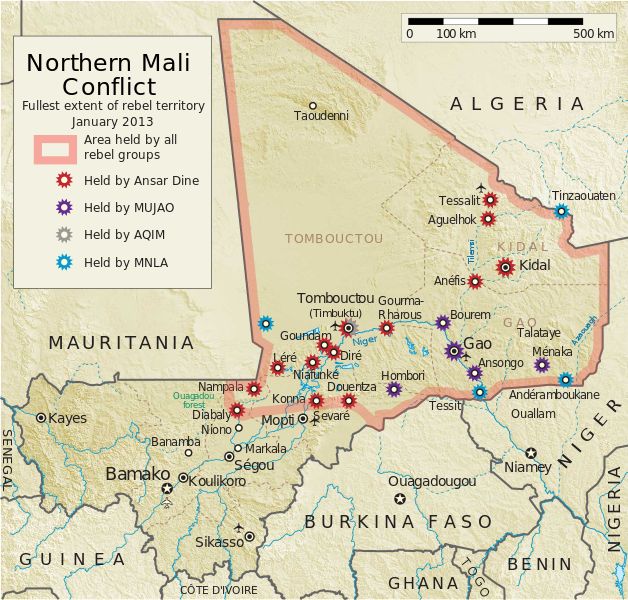 Mapa, pokazująca rozkład sił w Mali