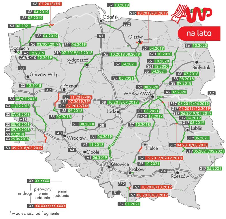 Mapa inwestycji drogowych w Polsce w większości jest na zielono. Ale to nie zasługa budowlańców, a dalekich terminów oddania dróg
