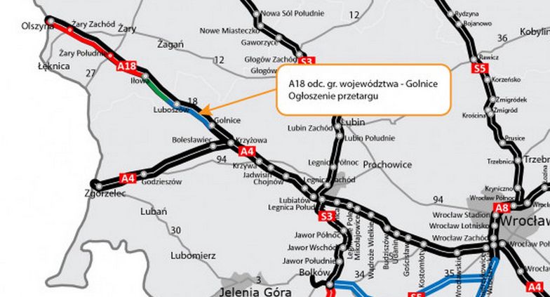 Przetarg dotyczy odcinka od granicy województwa lubuskiego i dolnośląskiego do węzła Golnice.