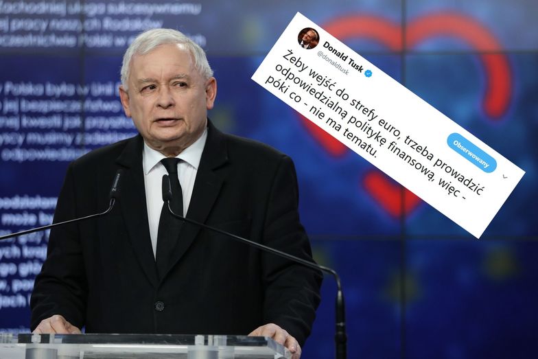 Jarosław Kaczyński apelujący o deklarację ws. euro i odpowiedź Donalda Tuska