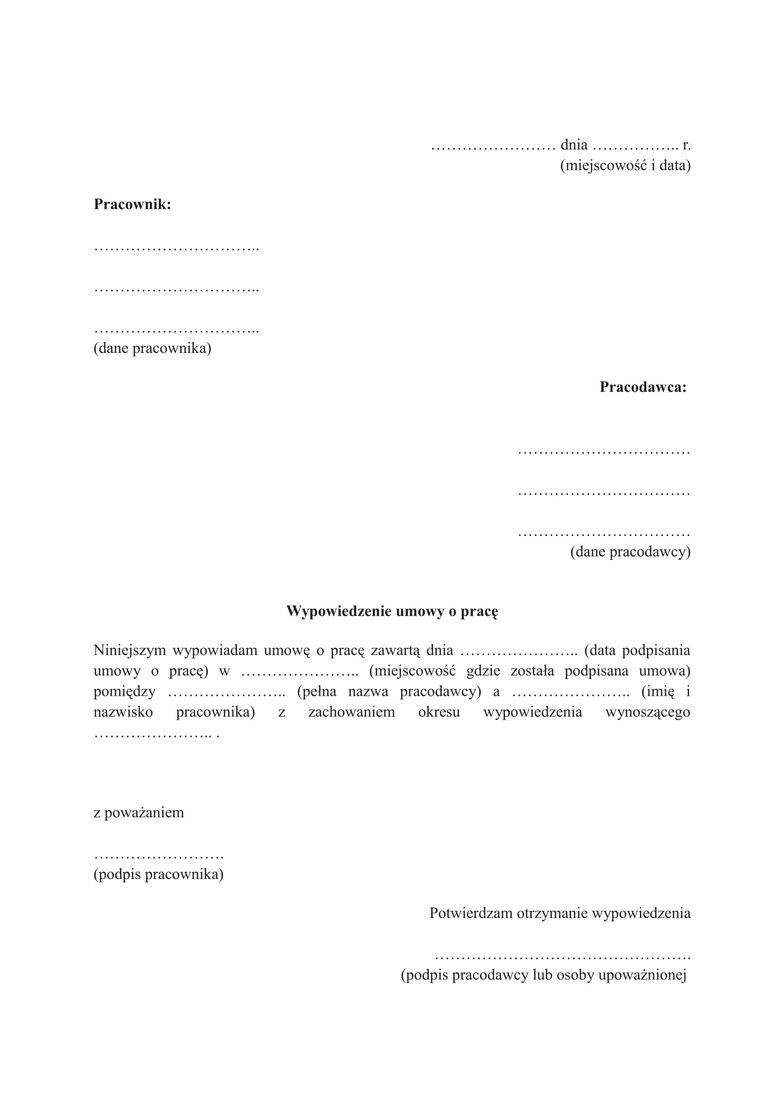 Wypowiedzenie Umowy O Pracę Przez Pracownika Pdf Wypowiedzenie umowy o pracę. Druk - praca.money.pl