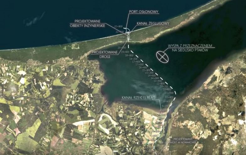 Niski stan wody na Zalewie Wiślanym uniemożliwia budowę sztucznej wyspy bez pogłębienia toru wodnego na odcinku ok. 1600 m.