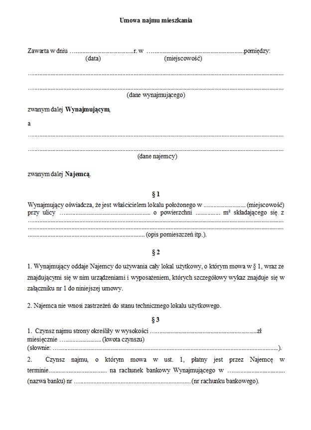 Umowa Najmu Mieszkania Wz r Dokumentu Z Om wieniem Money pl