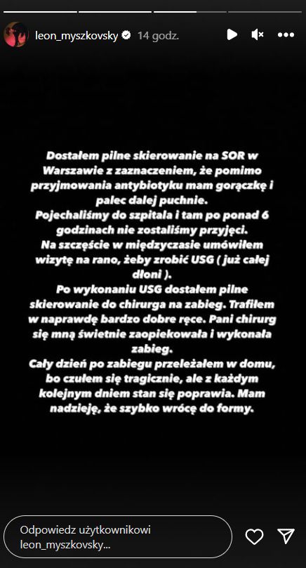 Leon Myszkowski o problemach ze zdrowiem (fot. InstaStories)