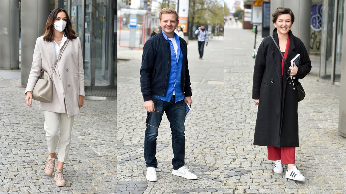 Gwiazdy przed studiem "Dzień Dobry TVN": Paulina Krupińska, Katarzyna Łaska, Rafał Zawierucha