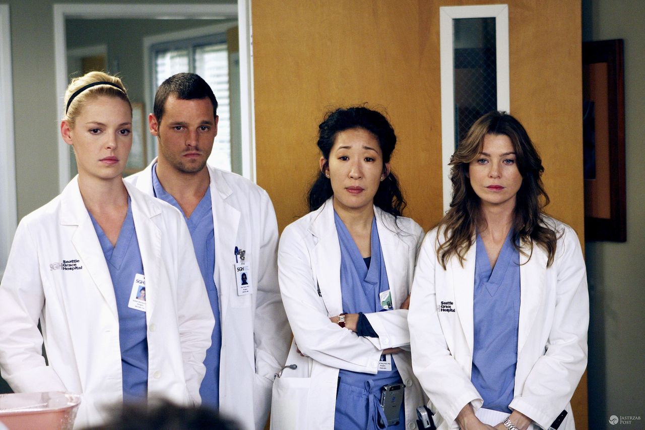 Ellen Pompeo, Sandra Oh, Katherine Heighl, Justin Chambers w serialu "Grey's Anatomy"