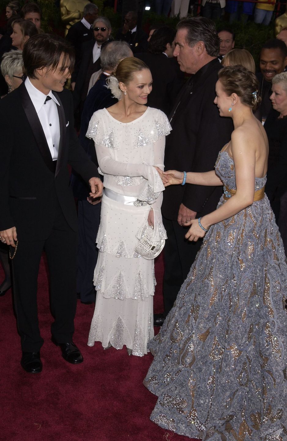 Feb 29, 2004; Hollywood, CA, USA; OSCARS 2004: Actor JOHNNY DEPP with partner VANESSA PARADIS and actress SAMANTHA MORTON arriving at the 76th Annual Academy Awards held at the Kodak Theater.                         Mandatory Credit: Photo by Paul Fenton-KPA/KPA. (©) Copyright 2004 by Paul Fenton-KPA