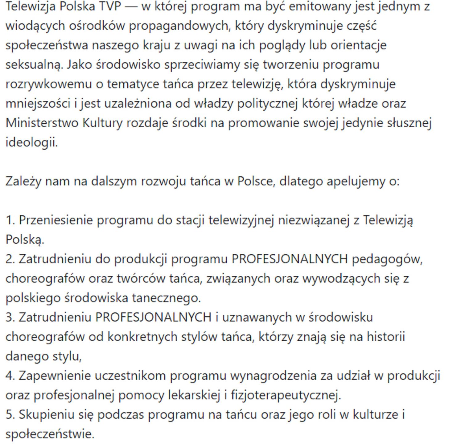 Screen petycji tancerzy w sprawie emisji You Can Dance w TVP