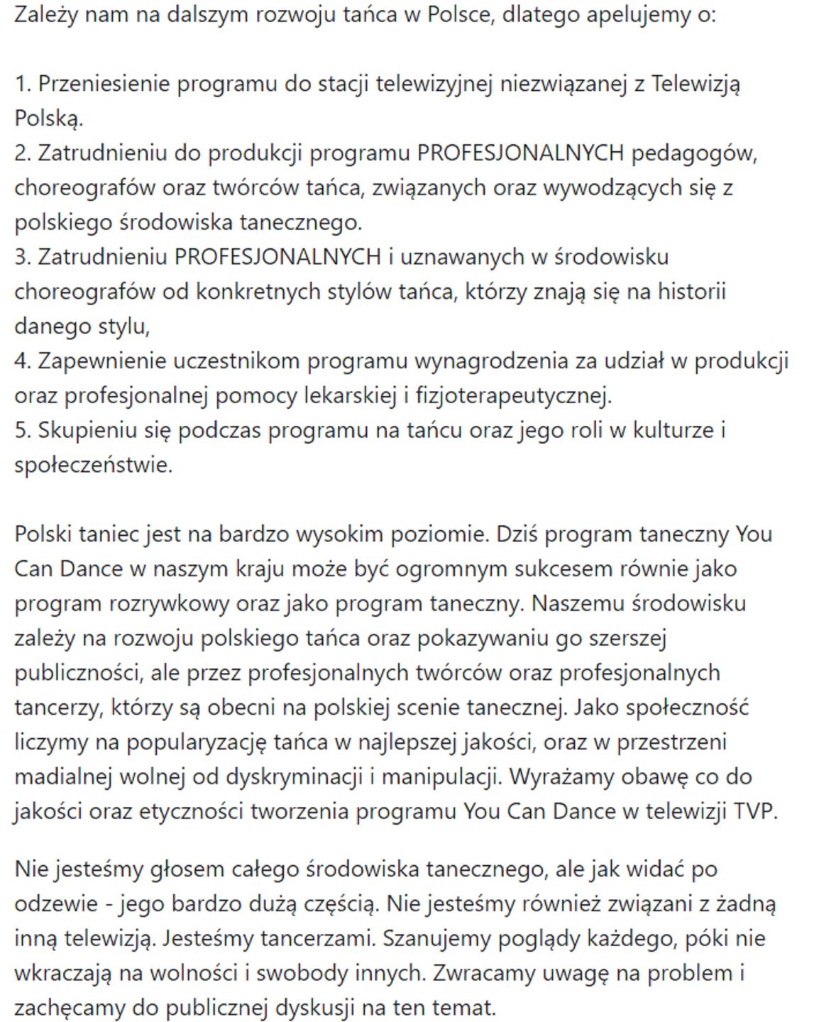 Screen petycji tancerzy w sprawie emisji You Can Dance w TVP