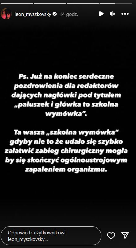 Leon Myszkowski o problemach ze zdrowiem (fot. InstaStories)