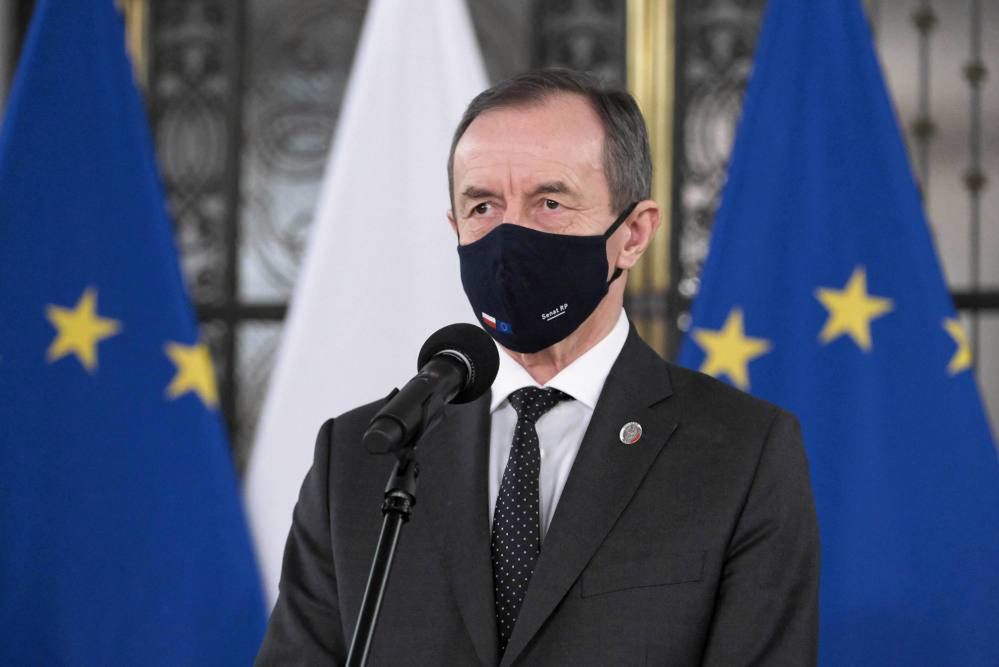 <p>Warszawa, 17.03.2021. Marsza³ek Senatu Tomasz Grodzki podczas konferencji prasowej w Sejmie w Warszawie, 17 bm.  (mr/ran) PAP/Mateusz Marek</p>