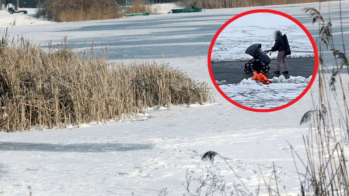 "Zabawa" na lodzie. Wśród spacerowiczów kobieta z wózkiem