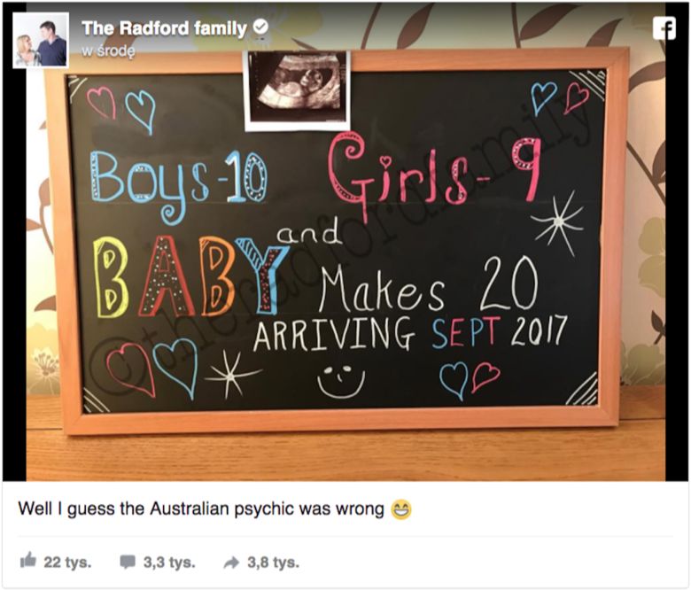 Poród 20 potomka planowany jest na wrzesień 2017 roku