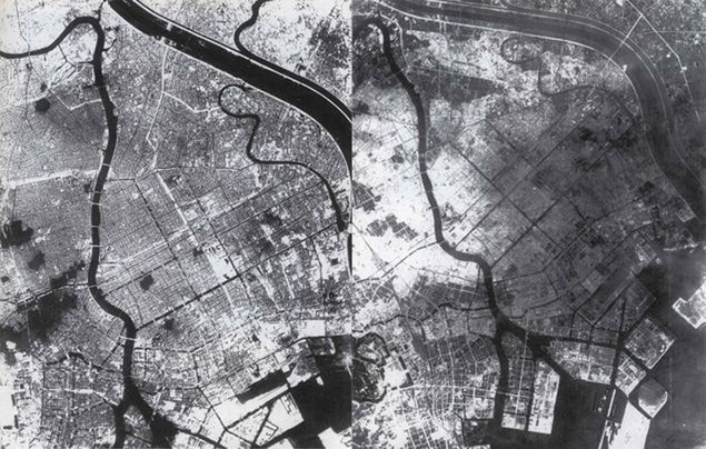 Zdjęcia lotnicze ukazujące Tokio przed bombardowaniem (z lewej) i po nalocie dywanowym z 10 marca 1945 r. 