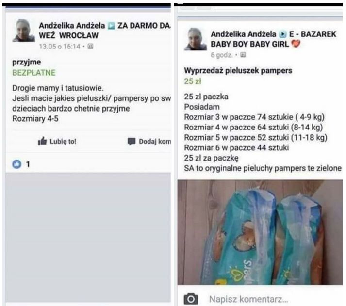 Kobieta sprzedaje pampersy, które wcześniej otrzymała za darmo?