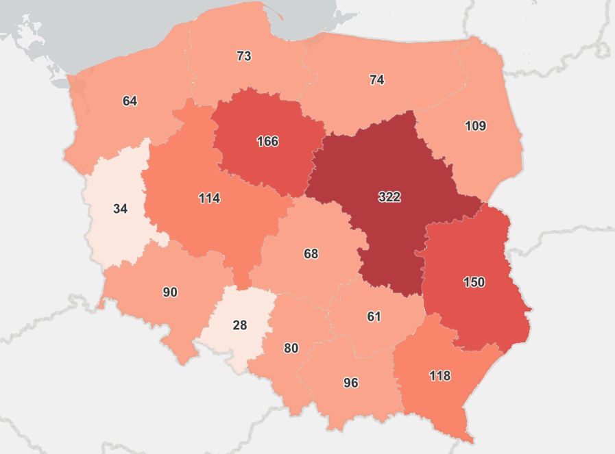 W tych województwach jest największy odsetek dodatnich testów