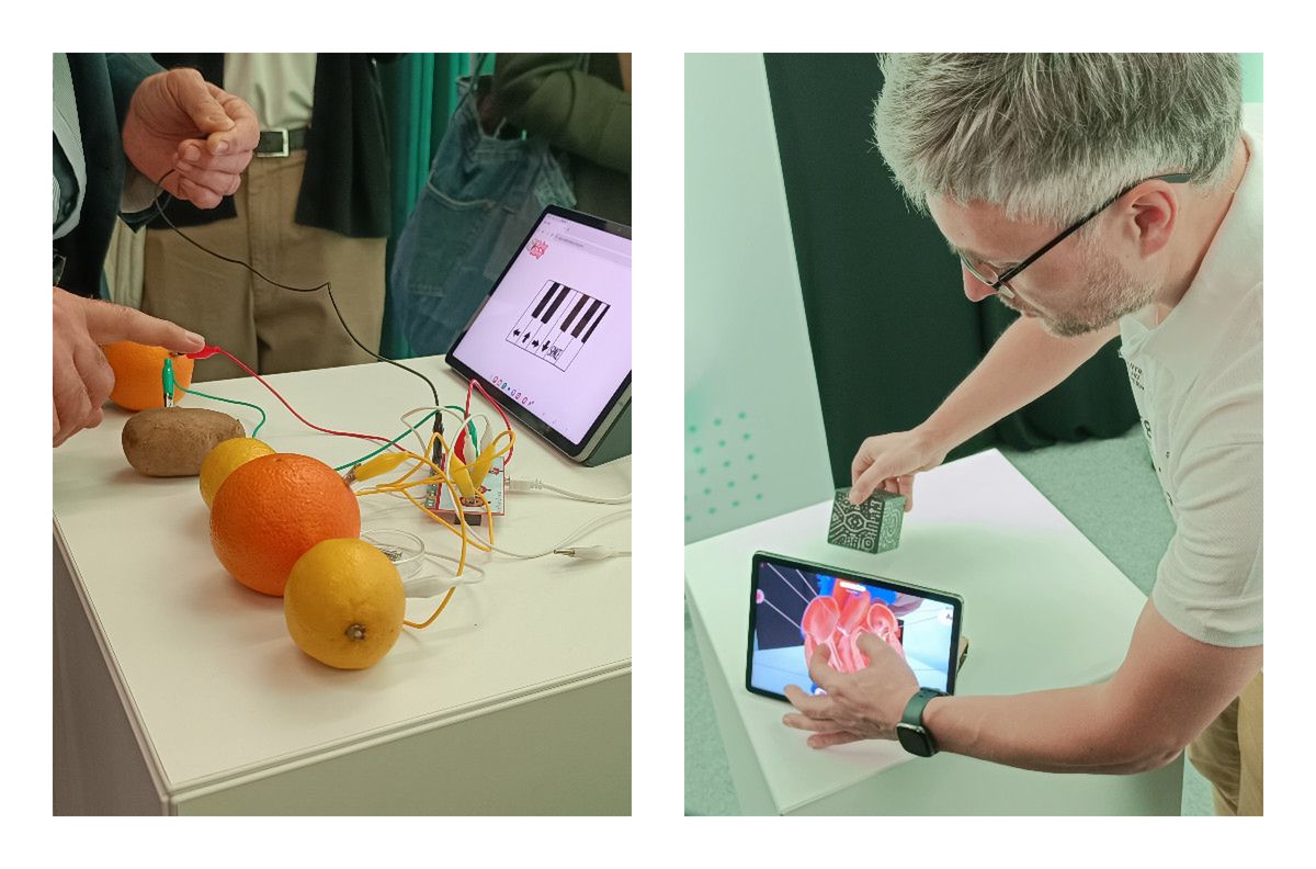 Eksperymenty ORBIUM, w tym z użyciem kostki rozszerzonej rzeczywistości MergeCube (z prawej)