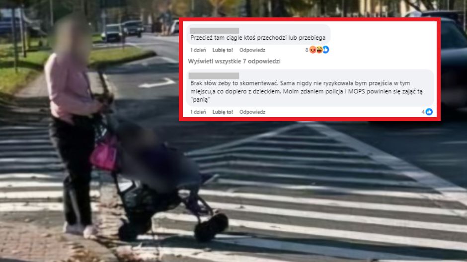 Kobieta, przechodząc przez jezdnię w niedozwolonym miejscu, narażała zdrowie i życie swoje, poruszających się po trasie kierowców oraz dziecka, które wiozła w wózku