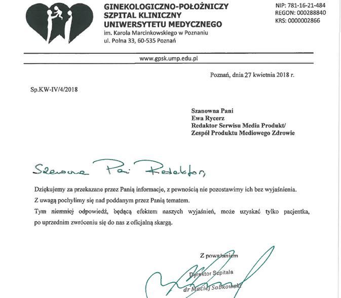 Taką odpowiedź otrzymaliśmy ze szpitala
