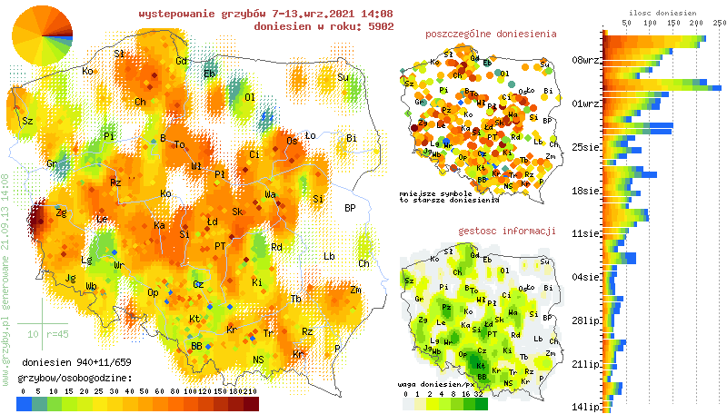 Mapa obrazuje, gdzie jest największy wysyp grzybów