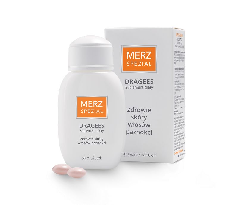 Merz Spezial Dragees, suplement diety, kuracja miesięczna, 60 drażetek.  Produkt dostępny w aptekach,  cena sugerowana: 40 zł/60 szt.