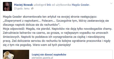 "Magda, nie pier..." - spór o napiwki. Gessler kontra Nowak