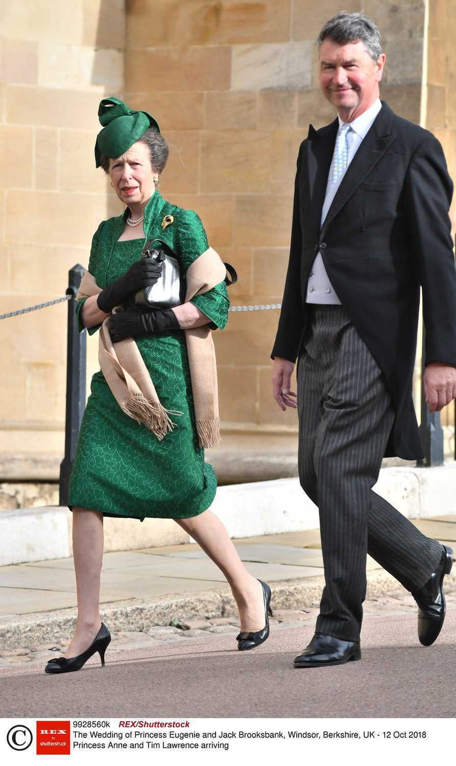 Mandatory Credit: Photo by REX/Shutterstock (9928560k)  Princess Anne and Tim Lawrence arriving  The Wedding of Princess Eugenie and Jack Brooksbank, Windsor, Berkshire, UK - 12 Oct 2018