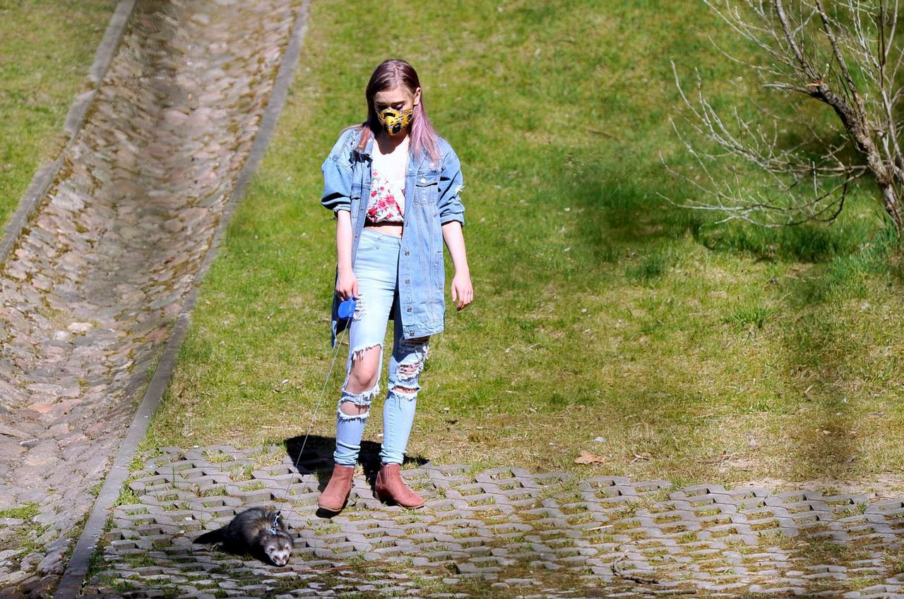 Julia Wróblewska w dżinsie w parku z fretką