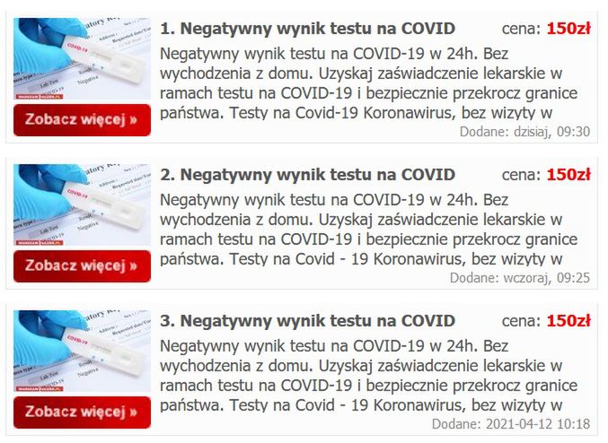 Nie jest trudno znaleźć ogłoszenie z fałszywymi testami w kierunku koronawirusa