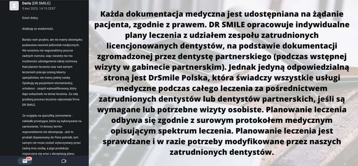 Mail użytkownika oraz odpowiedź przedstawicieli