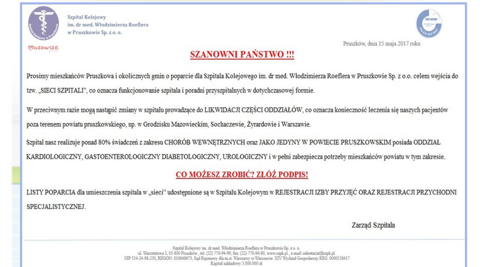 Takie ogłoszenie pojawiło się na stronie internetowej szpitala w Pruszkowie