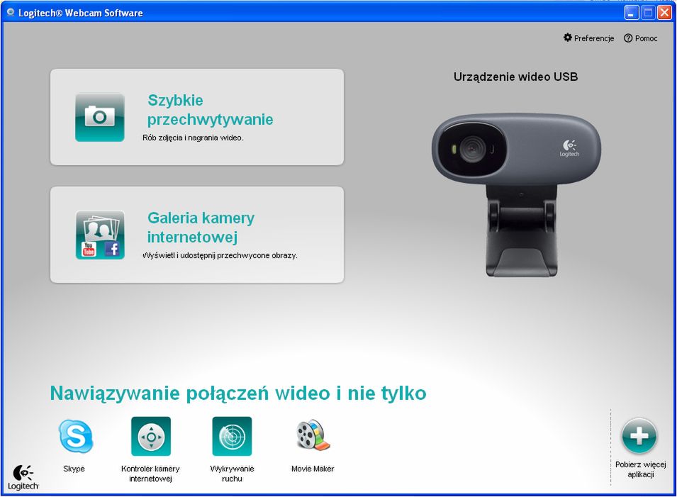 Ekran główny. Robienie zdjęć/filmów, integracja z portalami społecznościowymi czy aplikacjami typu Skype oraz Windows Movie Marker