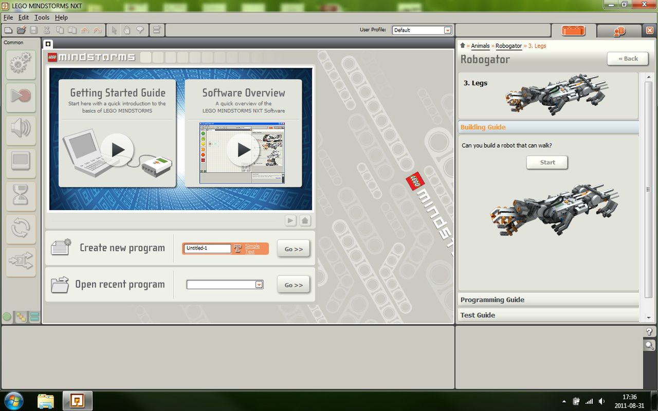 Okno startowe NTX-G z pomocą dla Robogatora