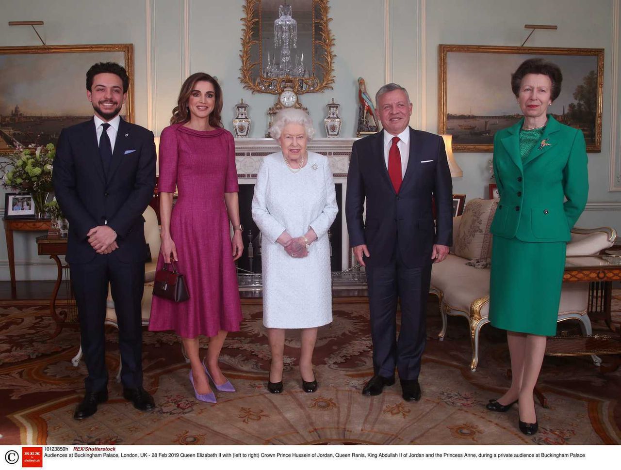 Mandatory Credit: Photo by REX/Shutterstock (10123859h)  Queen Elizabeth II with (left to right) Crown Prince Hussein of Jordan, Queen Rania, King Abdullah II of Jordan and the Princess Anne, during a private audience at Buckingham Palace  Audiences at Buckingham Palace, London, UK - 28 Feb 2019