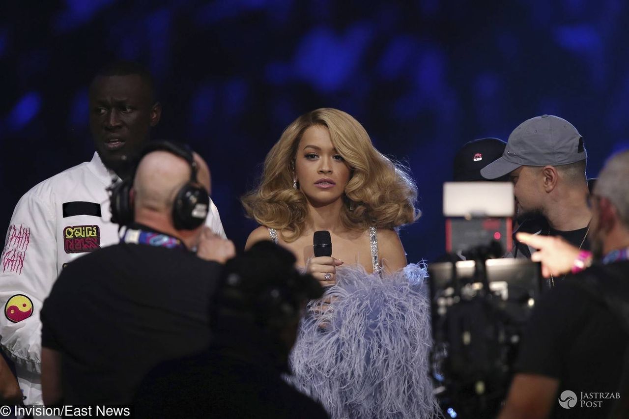Singers Rita Ora, centre, and Stormzy make their way onstage at the MTV European Music Awards 2017 in London, Sunday, Nov. 12th, 2017. (Photo by Joel Ryan/Invision/AP)