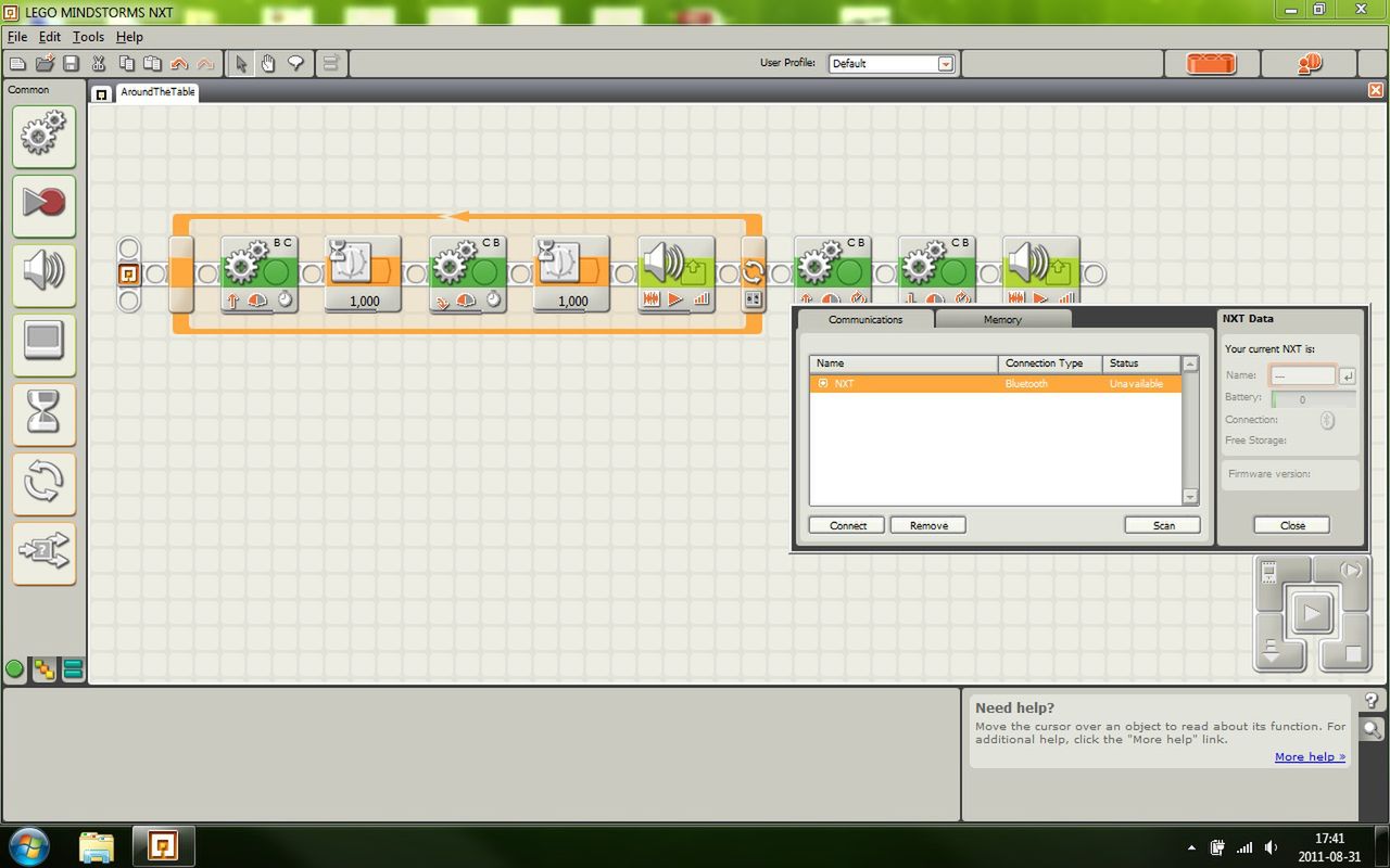Program złożony z prostych klocków NXT-G i okno łączności z urządzeniem