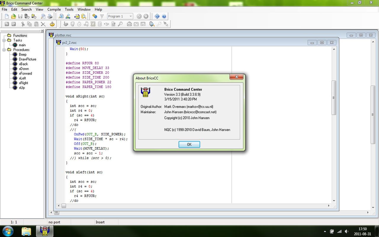 Okno pomocy i dwa listingi w BricxCC