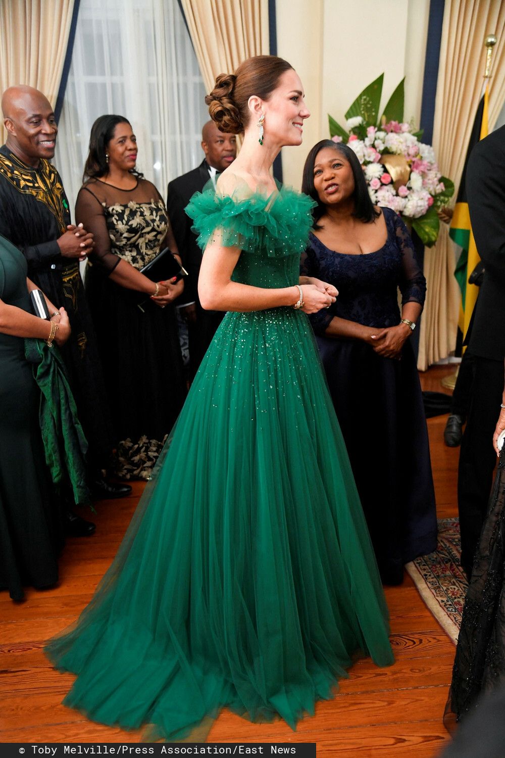 The Duchess of Cambridge speaks with guests during a dinner hosted by Patrick Allen, Governor General of Jamaica, at King's House, in Kingston, Jamaica, on day five of the royal tour of the Caribbean on behalf of the Queen to mark her Platinum Jubilee. Picture date: Wednesday March 23, 2022.