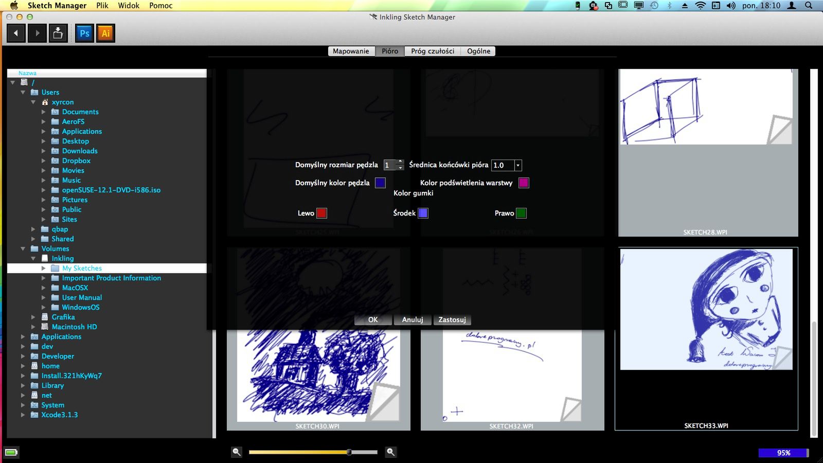 Konfiguracja kolorów używanych na szkicu