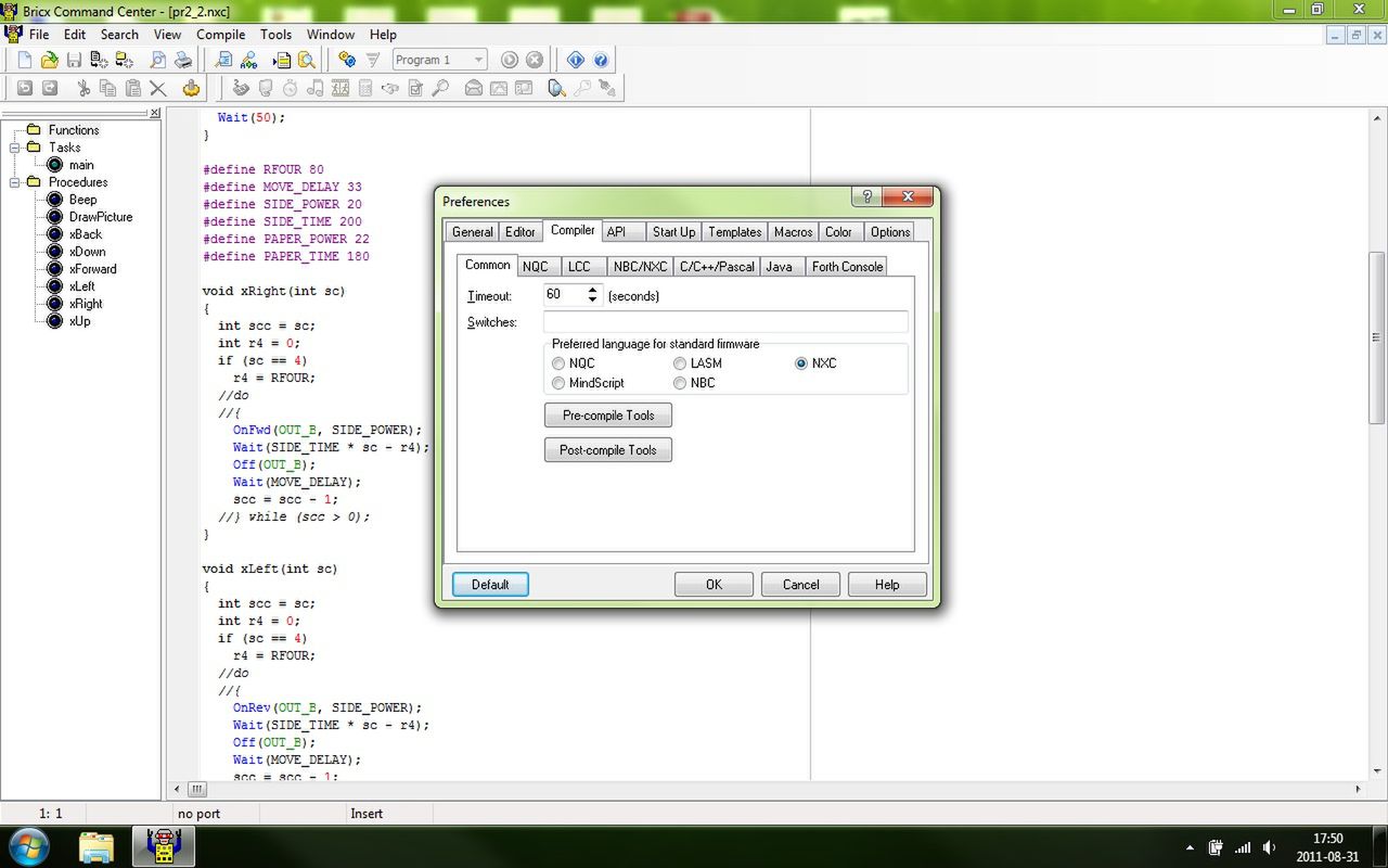 Listing dla wczesnej wersji plotera i okno opcji BricxCC