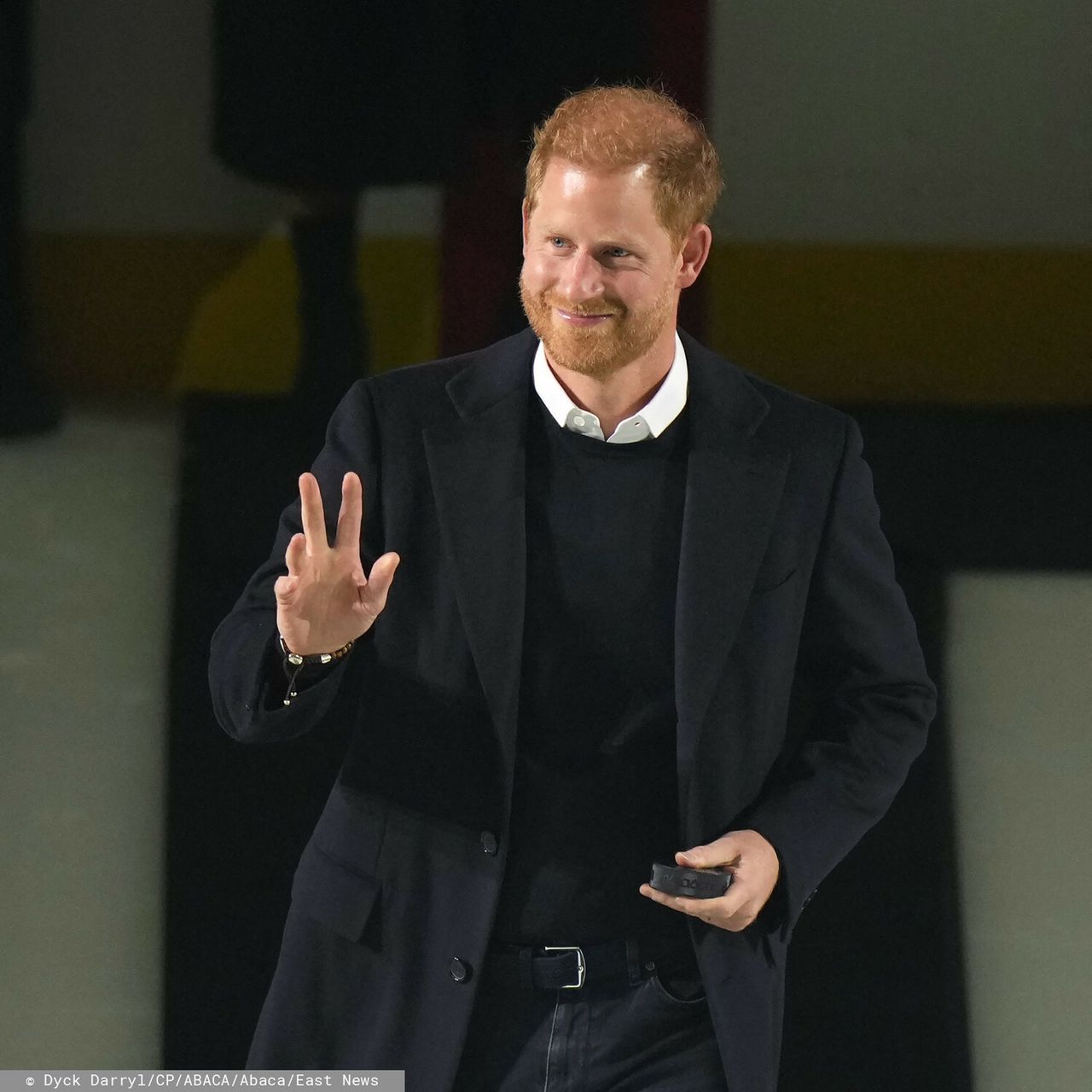 Prince Harry, Duke of Sussex, waves to the crowd, as he arrives to drop the puck for a ceremonial faceoff before the Vancouver Canucks and San Jose Sharks play an NHL hockey game in Vancouver, BC, Canada on Monday, November 20, 2023. The Invictus Games, founded by the Duke of Sussex, are scheduled to be held in Vancouver and Whistler in 2025. Photo by Darryl Dyck/CP/ABACAPRESS.COM
