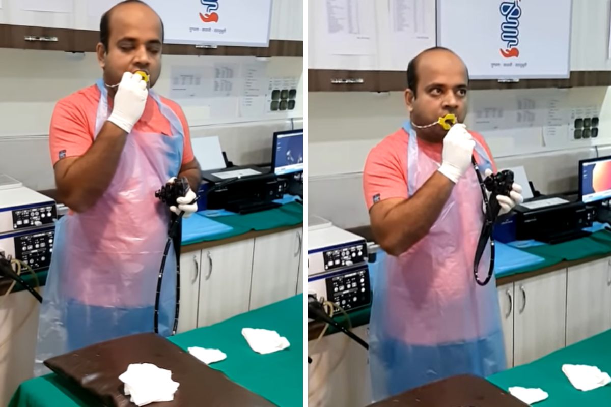 Gastroenterolog przeprowadza na sobie gastroskopię