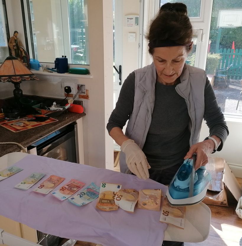 Kobieta prasuje pieniądze (Twitter)