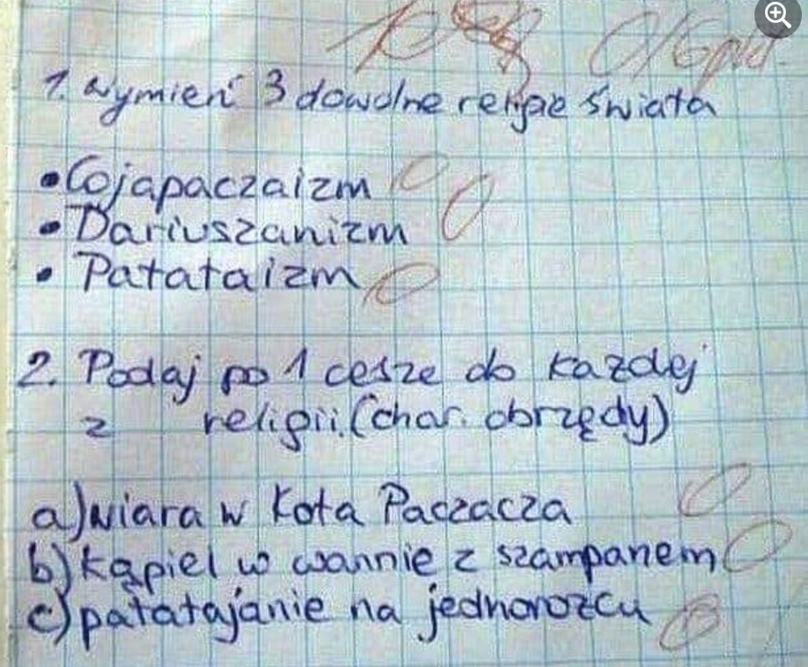 Pokazał sprawdzian z religii
