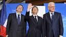 Prezydent Francji Nicolas Sarkozy, przewodniczący Parlamentu Europejskiego Hans-Gert Pottering i przewodniczacy Komisji Europejskiej Jose Manuel Barroso w Parlamencie Europejskim w Strasburgu.