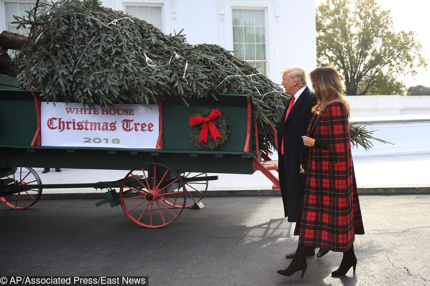 Melania Trump i Donald Trump witają choinkę w Białym Domu