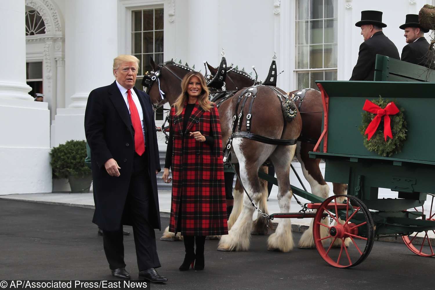 Melania Trump i Donald Trump witają choinkę w Białym Domu
