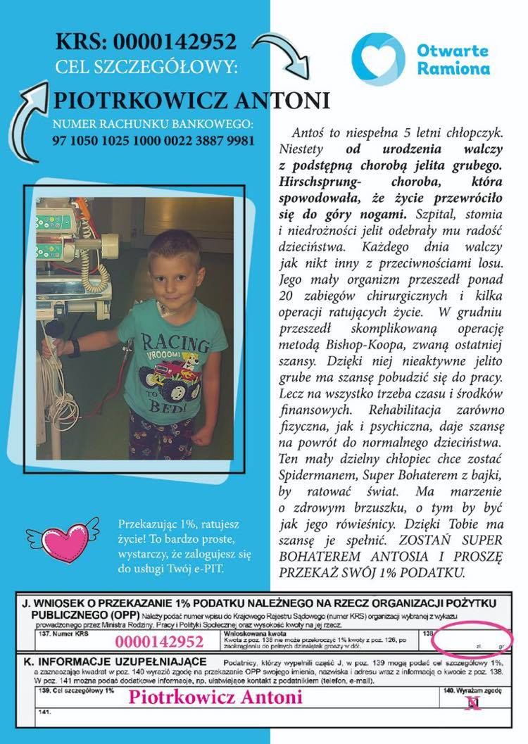 Antkowi można pomóc oddając na niego 1 proc. z rozliczenia PIT